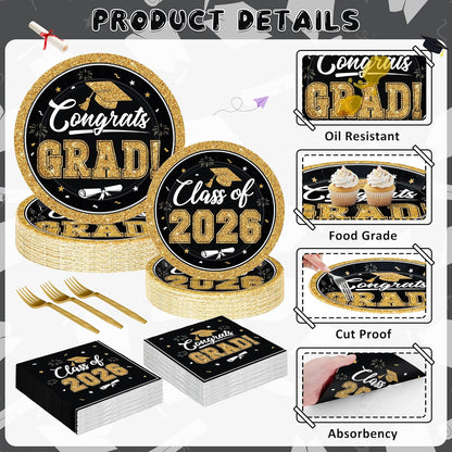 200Pcs Graduation Decorations 2026, Blue Graduation Plates and Napkins Party Supplies for 50 Guests, Disposable Grad Plates, Napkins, Dessert Plates and Forks for Grad Decor Wedding Birthday Supplies