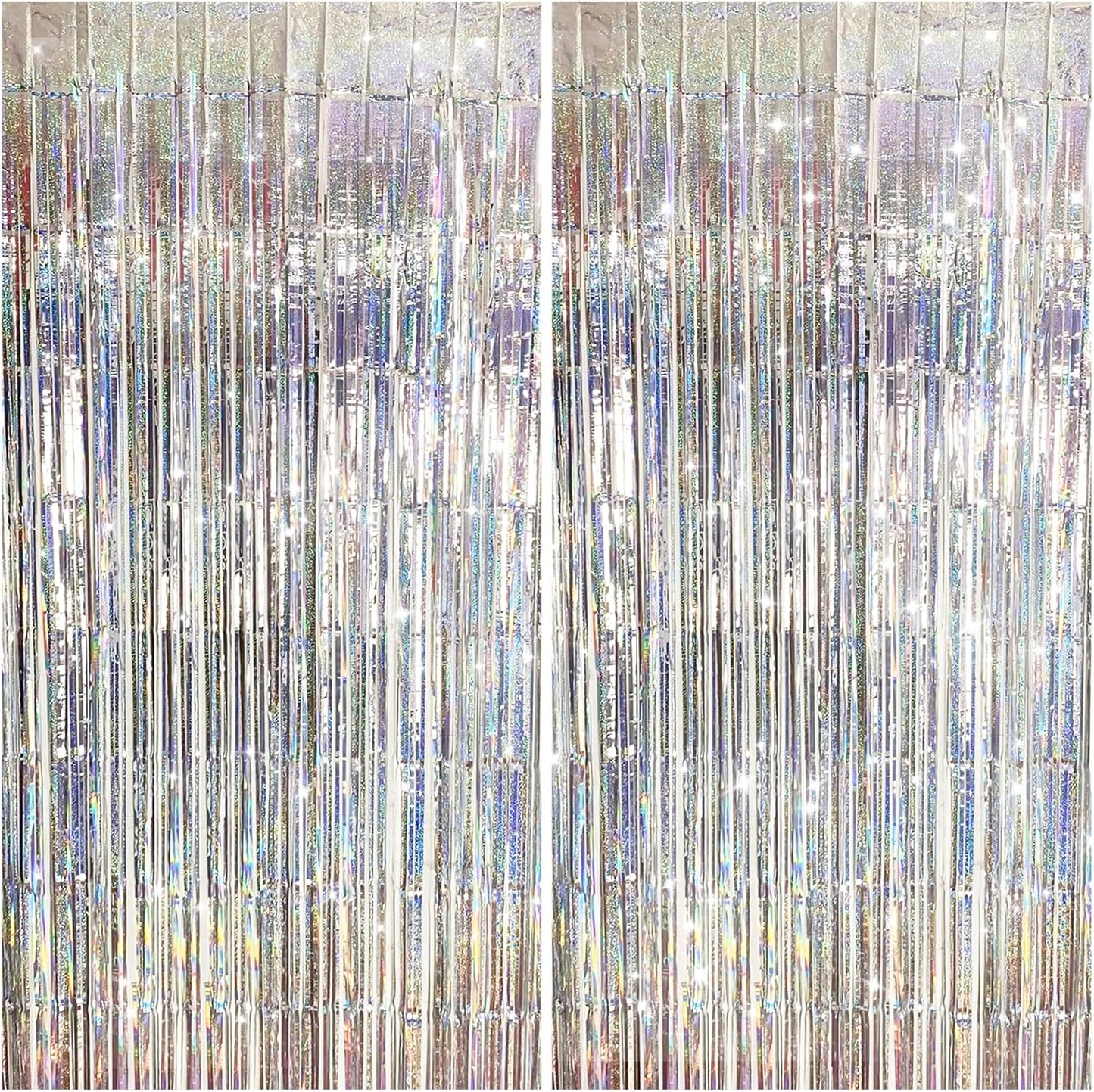 2 Pack Shiny Silver Tinsel Foil Fringe Curtains, 3.3ft x 6.6ft Iridescent Streamers Party Photo Backdrop for Birthday, Wedding, Engagement, Bachelorette Party Decoration