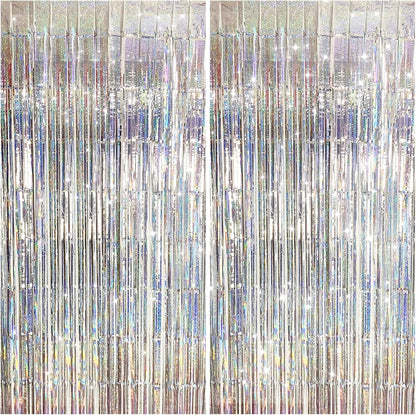 2 Pack Shiny Silver Tinsel Foil Fringe Curtains, 3.3ft x 6.6ft Iridescent Streamers Party Photo Backdrop for Birthday, Wedding, Engagement, Bachelorette Party Decoration