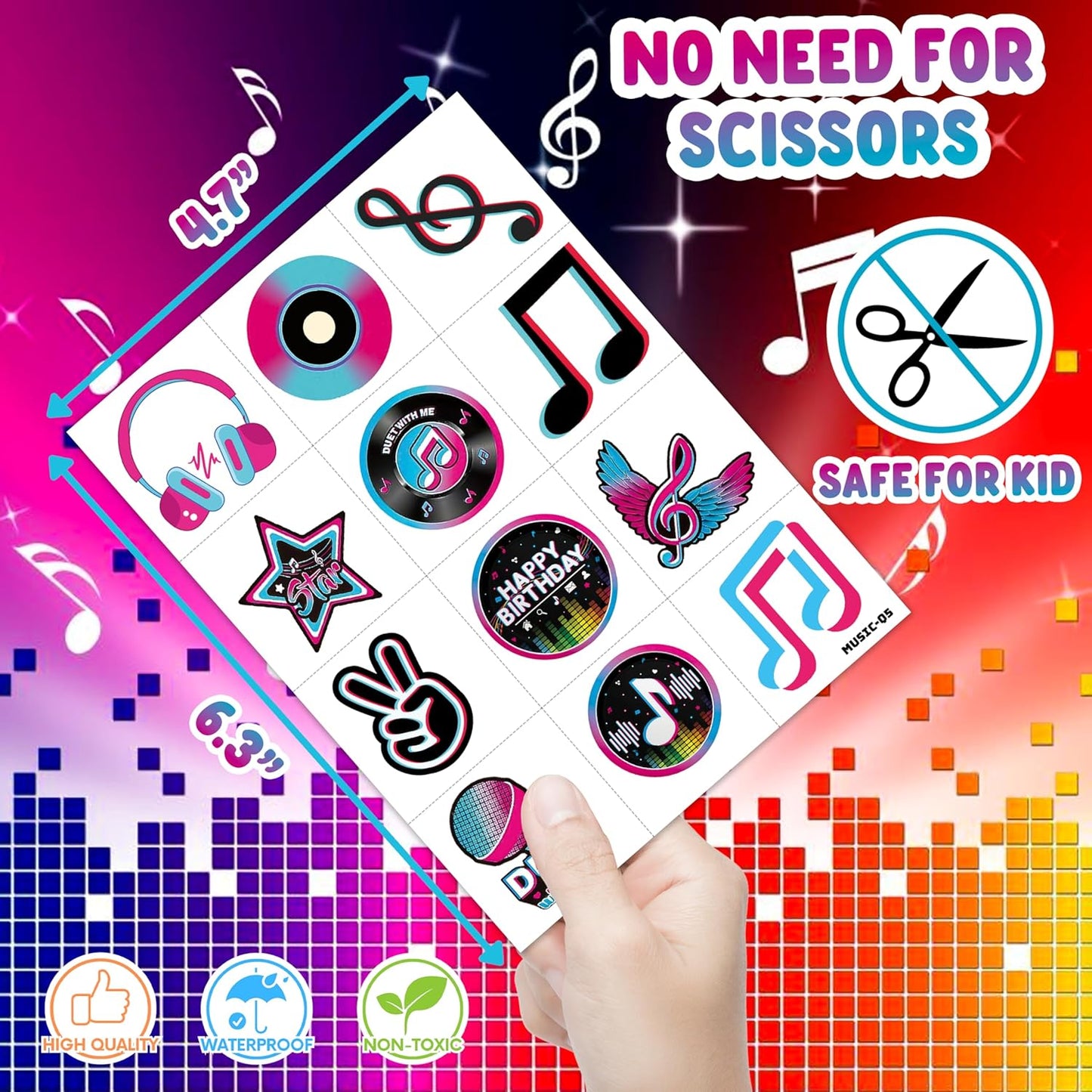 (96PCS) Music Note Notes Musical Motivational Pre-Cut Temporary Tattoos for Kids Birthday Themed Party Supplies Decorations Favors Super Cute Instrument Stickers Tattoo Gifts for Boys Girls Rewards