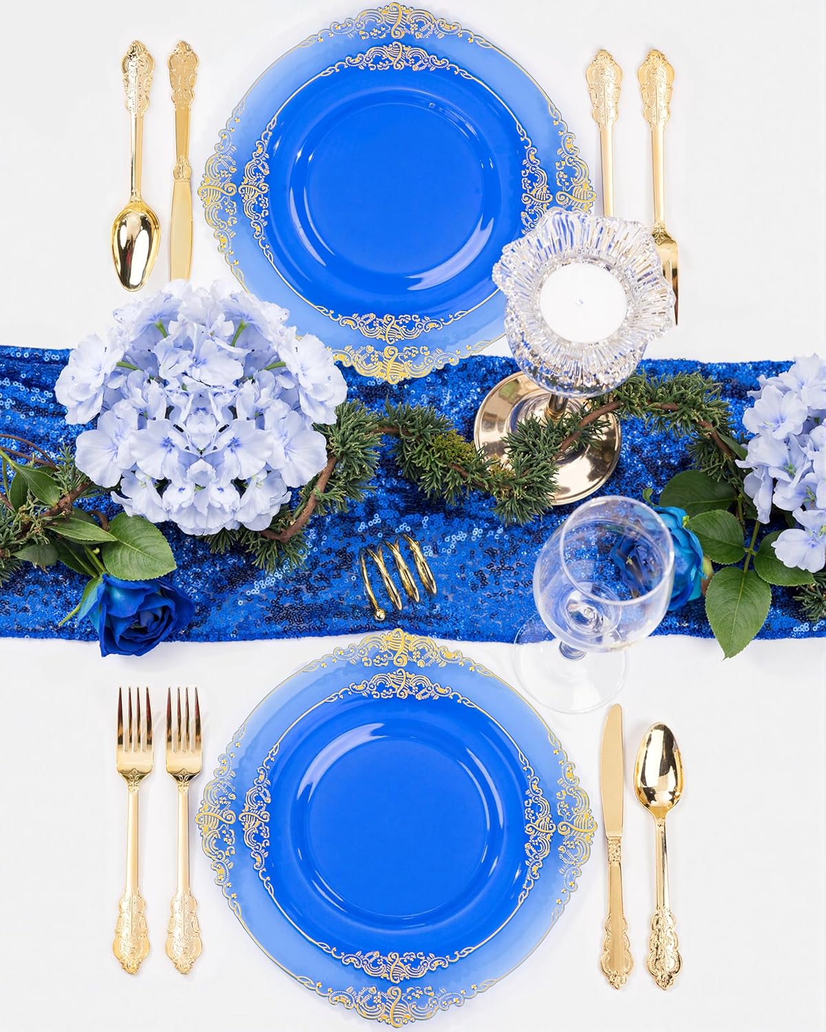 Nervure 350PCS Gold Plastic Plates - Gold Plastic Dinnerware Sets for 50 Guests - 100 Disposable Plates, 150 Silverware, 50 Cups, 50 Napkins for Wedding & Party & Mothers Day