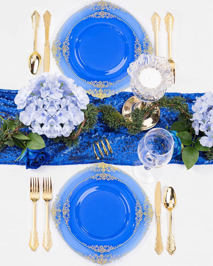 Nervure 350PCS Gold Plastic Plates - Gold Plastic Dinnerware Sets for 50 Guests - 100 Disposable Plates, 150 Silverware, 50 Cups, 50 Napkins for Wedding & Party & Mothers Day