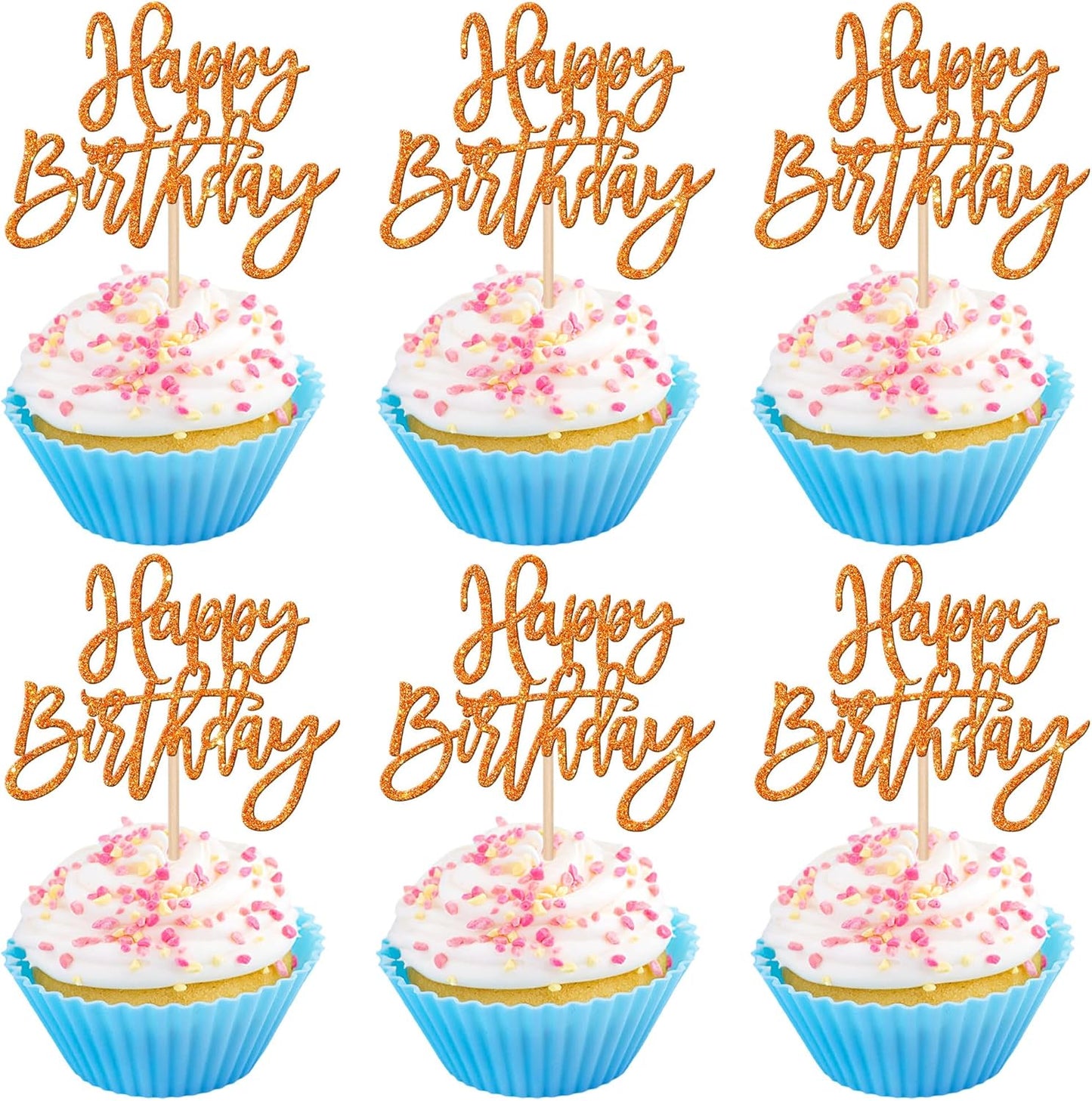 24 PCS Happy Birthday Cupcake Toppers Glitter Picks for Celebrating Anniversary Theme Party Cake Decorations Supplies Gold
