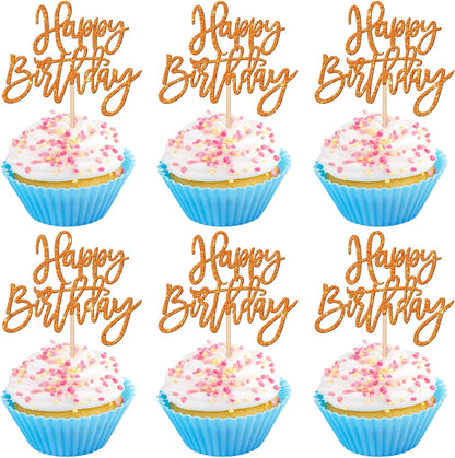 24 PCS Happy Birthday Cupcake Toppers Glitter Picks for Celebrating Anniversary Theme Party Cake Decorations Supplies Gold