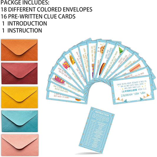 Birthday Treasure Hunt Clues Game Cards, Scavenger Hunt Card Game (18 Cards with Colorful Envelopes), Indoor Birthday Party Games Supplies Activities (A01)