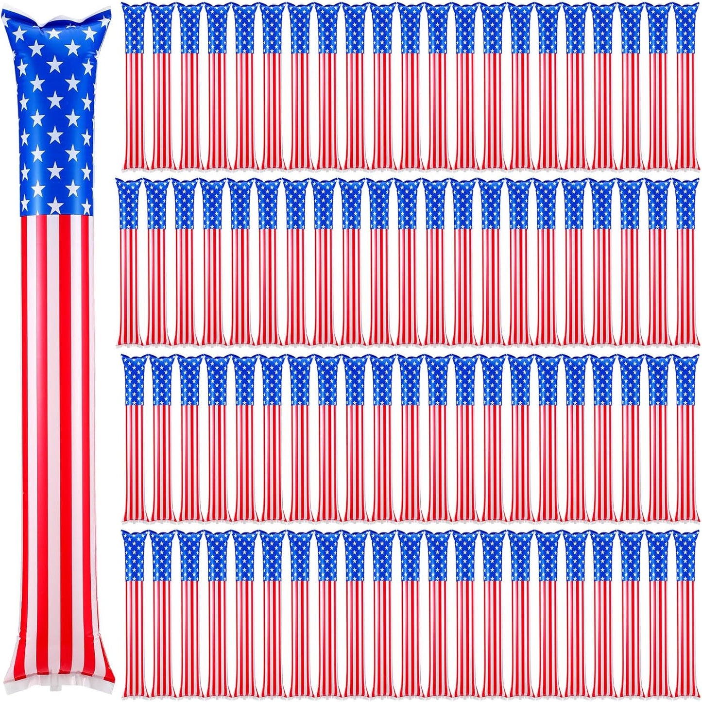 Foilswirl 100 Pcs Inflatable Cheer Sticks USA Flag Thunder Boom Sticks Patriotic Cheerleading Spirit Noise Makers for Soccer Games Sports Events 4th of July Parades Carnival Party Supplies