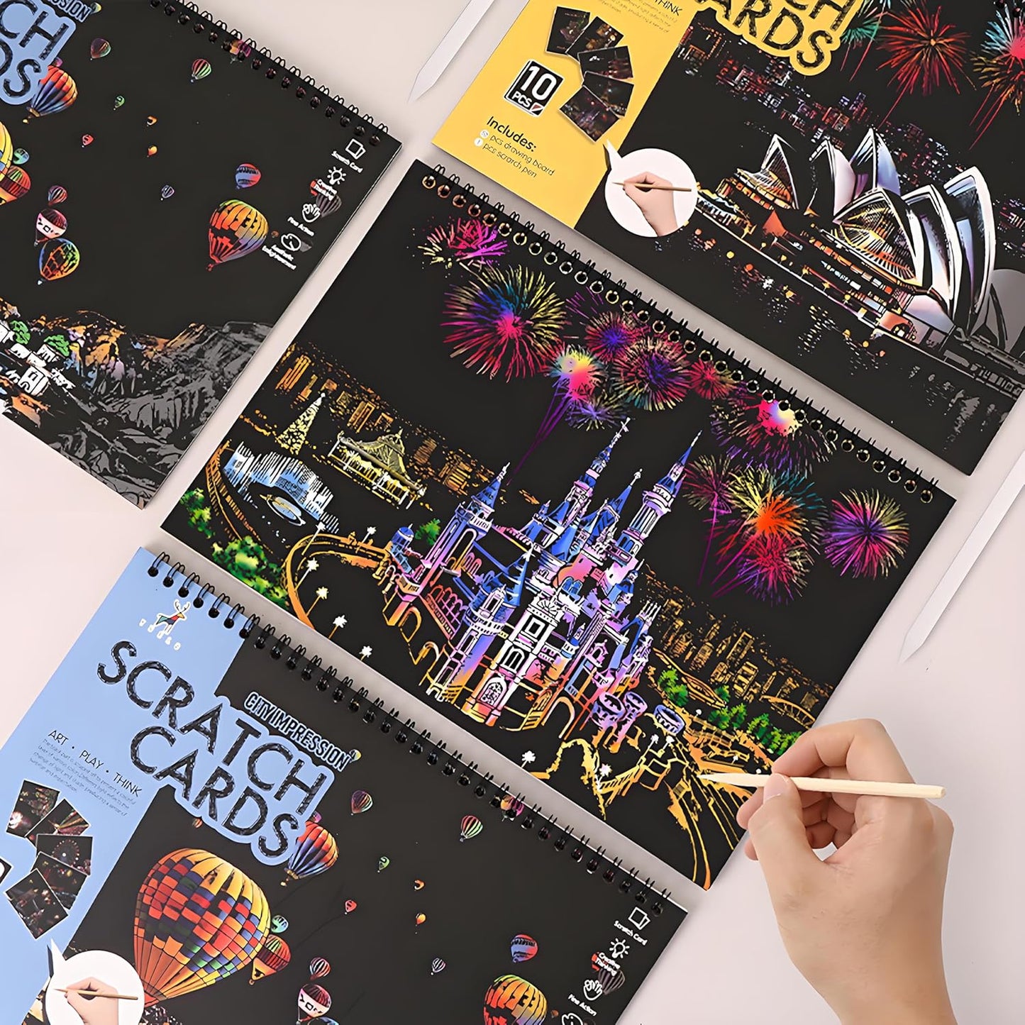 10 PCS Cityscape Scratch Art Book for Teen & Adults: DIY Colorful City Series Painting Paper | ASMR Stress-Relief Engraving Kit Scratchboard | DIY Sketch Card Creative Craft (Travel Landmarks B)