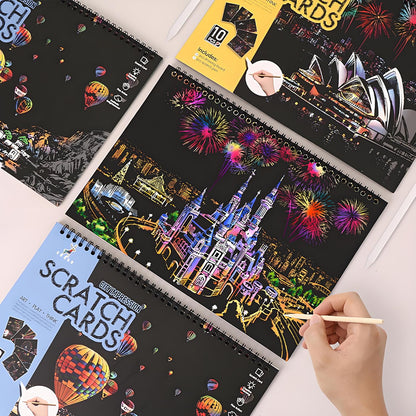 Scratch Art Book(A4-10Page) for Adults & Teens – ASMR Stress-Relieving Scratch Off Art | Paint by Scratch Kit Set | Travel Landmarks & Engraving Art | Creative Gift for Adults (Colorful City Series B)