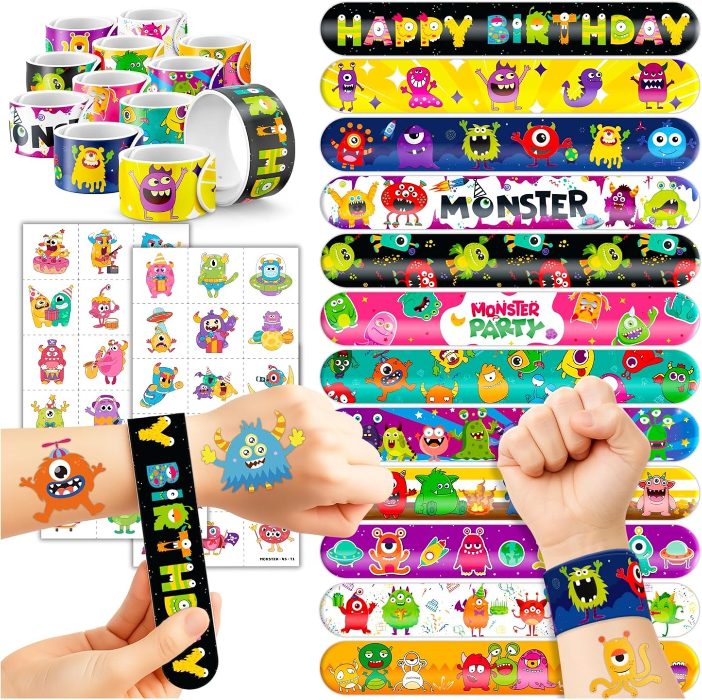 72PCS Monster Party Set - 48PCS Temporary Tattoos & 24PCS Slap Bracelets - Fun Monster-Themed Birthday Supplies, Baby Shower Gifts, Classroom Rewards & Party Decorations for Kids (Boys & Girls)