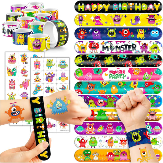 72PCS Monster Party Set - 48PCS Temporary Tattoos & 24PCS Slap Bracelets - Fun Monster-Themed Birthday Supplies, Baby Shower Gifts, Classroom Rewards & Party Decorations for Kids (Boys & Girls)
