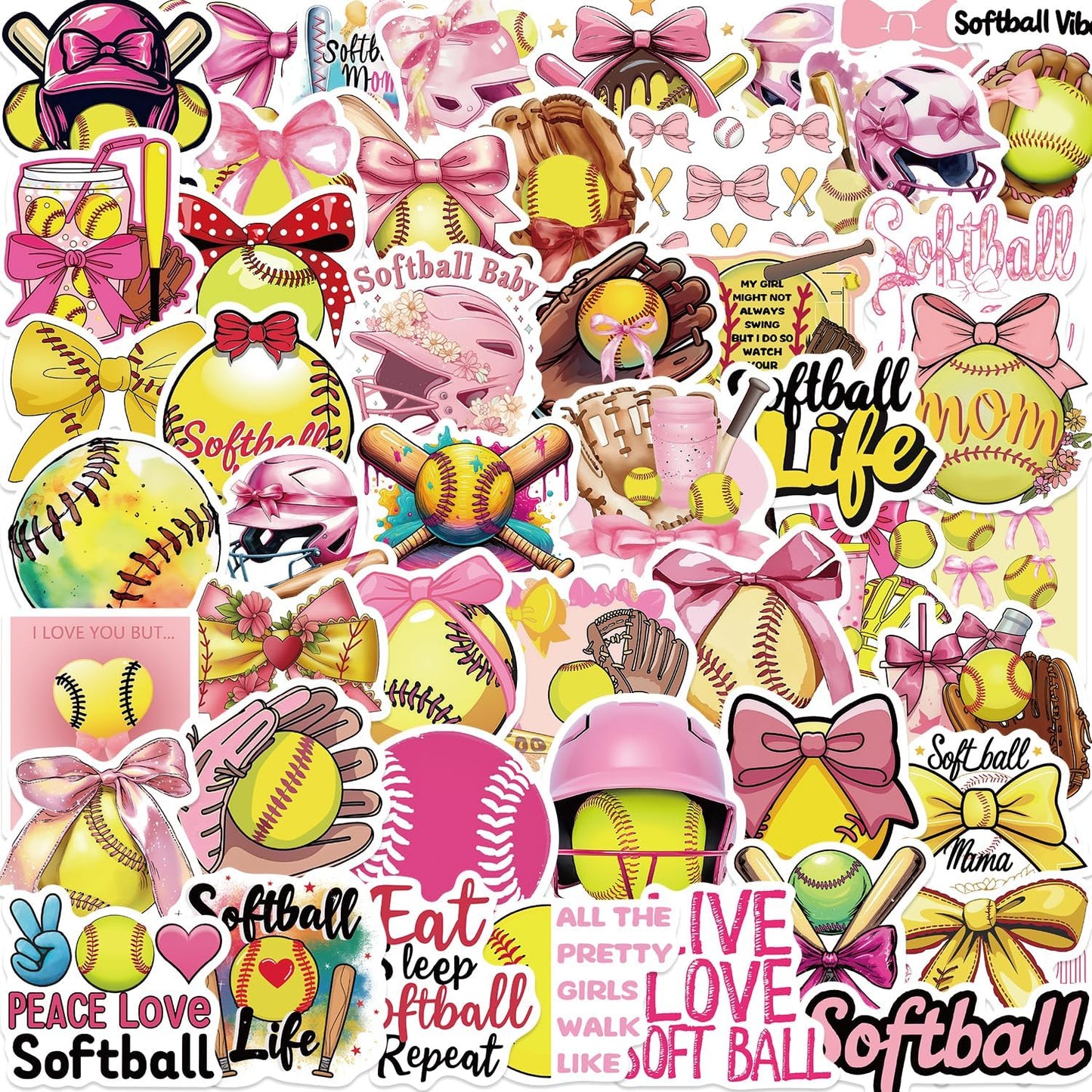 50PCS Pink Coquettte Bows Softball Stickers, Cute Motivational Vinyl Waterproof Stickers for Water Bottles,Helmets, Luggage, Teaching Incentives, Softball Gifts for Girls Kids, Teens and Adults