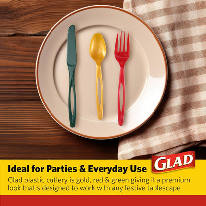 Glad Clear Disposable Cutlery Set with Heavy Duty Plastic Forks, Knives, and Spoons, Reusable Dishwasher Safe Plastic Utensils for Parties and Everyday Use, 240 Count