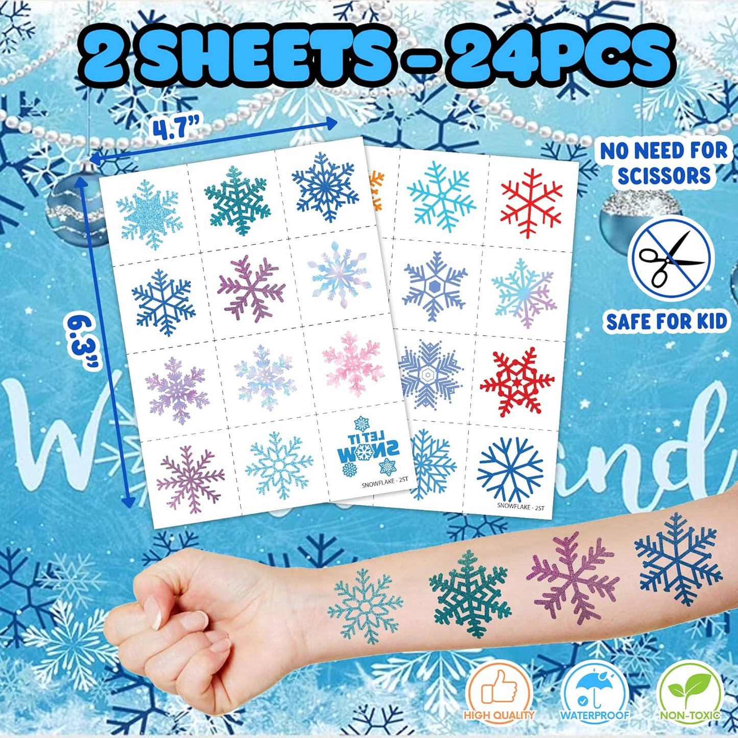 36PCS Snowflake Party Favors - 24PCS Temporary Tattoos & 12PCS Stamps - Ideal Winter Themed Birthday Card Decorations Supplies Goodie Bag Cute Rewards for Boys Girls Classroom Gifts Baby Shower Prizes