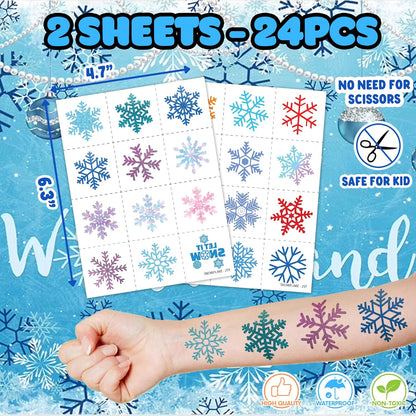 36PCS Snowflake Party Favors - 24PCS Temporary Tattoos & 12PCS Stamps - Ideal Winter Themed Birthday Card Decorations Supplies Goodie Bag Cute Rewards for Boys Girls Classroom Gifts Baby Shower Prizes