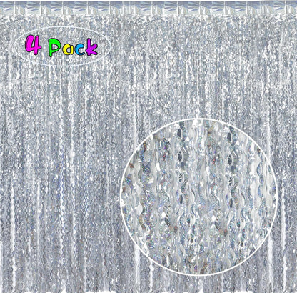 4 Pack Wavy Champagne Gold Metallic Tinsel Foil Fringe Curtains Backdrop - 3.3X6.6ft Foil Fringe Backdrop for Parties | Door Streamers for Birthday | Photo Booth Backdrops Party Decor