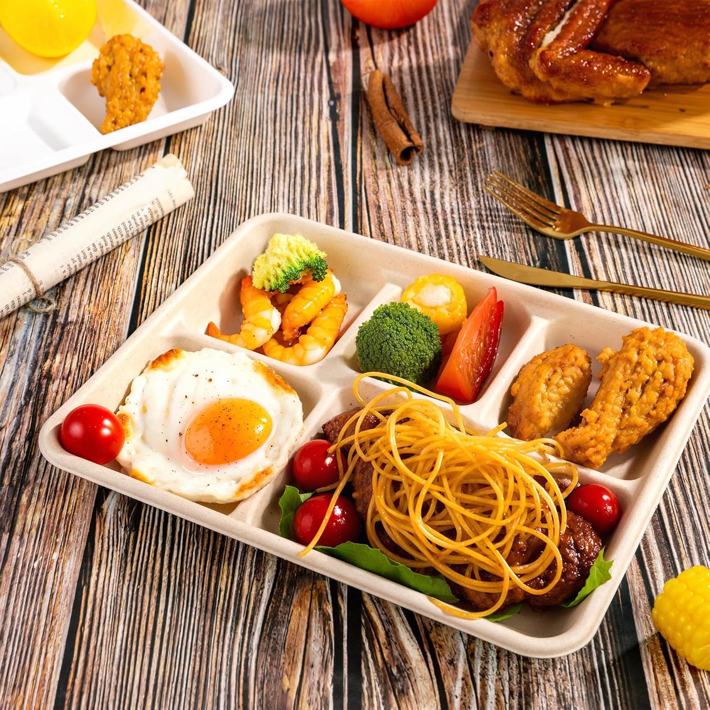 WELLIFE 100% Compostable 5 Compartment Paper Plates, 100 Pack Disposable School Lunch Trays Divided Plates for Adult Youth, 12.5 * 8.6 inch Heavy Duty Eco-Friendly Bagasse Plate for Buffet and Party
