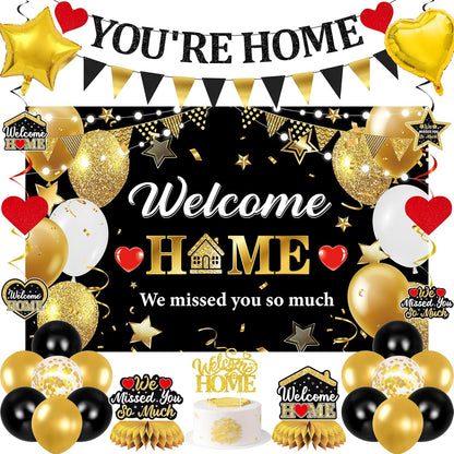 Holkcog Welcome Home Decoration, Black Gold Welcome Back Party Decorations, We Missed You So Much Banner Party, Glitter Home Party Sign Banner Ballons, Family Reunion Party Decora Supplies