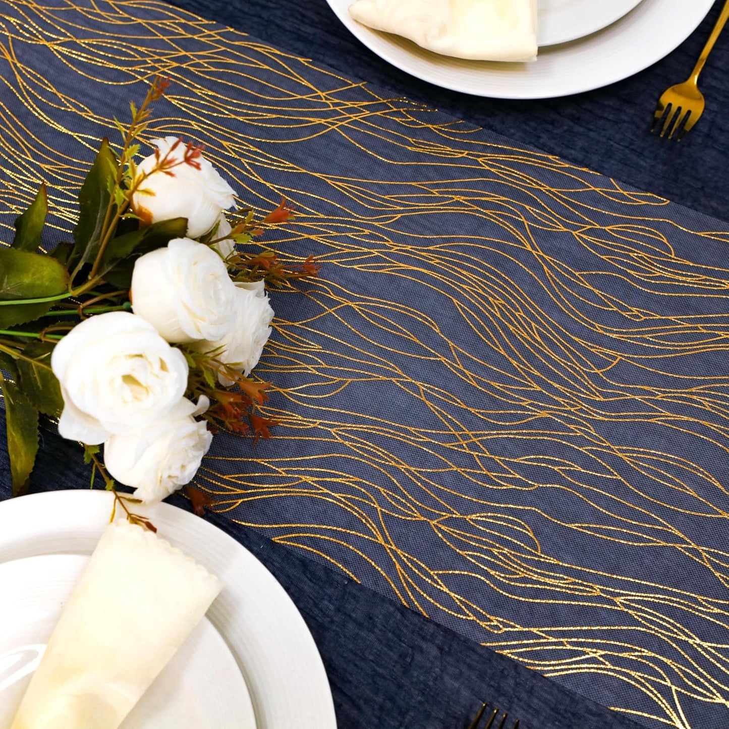 Snowkingdom 2 Pieces Gold Table Runner, Sequin Glitter Foil Metallic Thin Mesh Runner Roll 11"x108", Gold Table Decorations for Event Party, Wedding, Birthday Party, Christmas