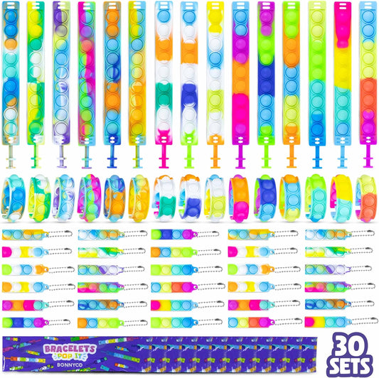 BONNYCO Pop It Bracelets and Keychains Pack 30 Kids Party Favors. Goodie Bags Stuffers for Kids, Fidget Toys Pop Its Bulk. Return Gifts for Birthday Party, Goody Bag Stuffers, Pinata, Classroom Prizes