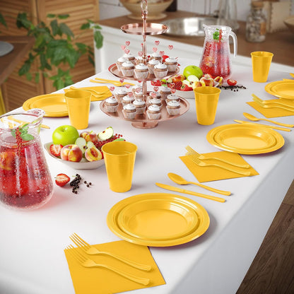 350 Pcs Black Plastic Plates For Party, Black Disposable Plates Set, 50 Of Each 9" Dinner Plate Set, 7" Dessert Plate, Cups, Napkins & Cutlery Plastic Dinnerware Set Exquisite