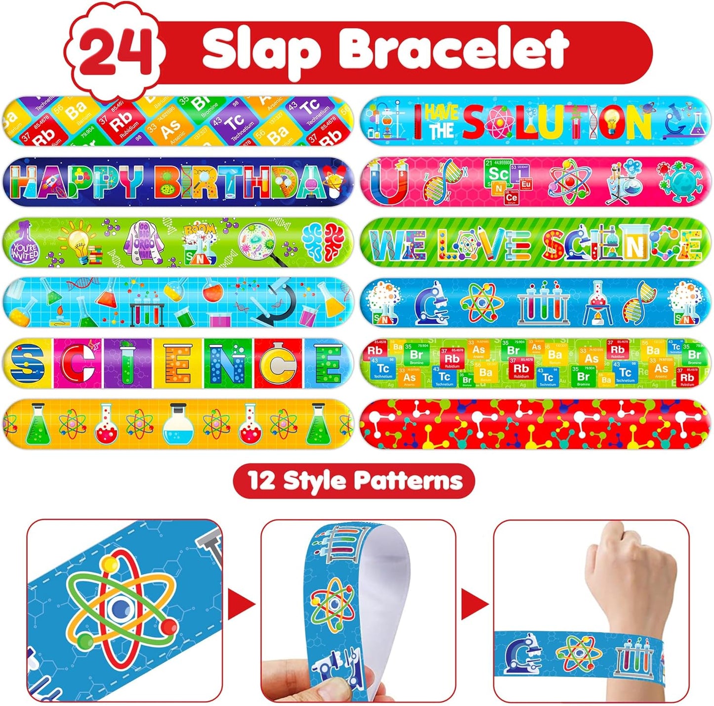 48PCS Science Party Favors - 24PCS Temporary Pre - Cut Tattoos & 24PCS Slap Bracelets - Fun STEM-Themed Birthday Supplies, Baby Shower Gifts, Classroom Rewards & Party Decor for Kids (Boys & Girls)