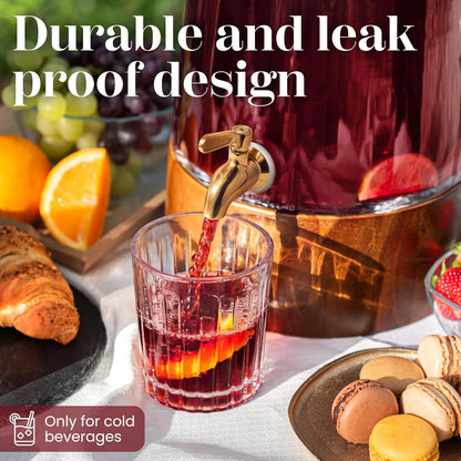 FOODLE Large Glass Drink Dispenser with Spigot - Glass Beverage Dispenser with Stand - Perfect for Parties & Weddings - Pitcher for Lemonade, Water, Sangria, Punch & Juice - Leakproof - 1.72 Gallon