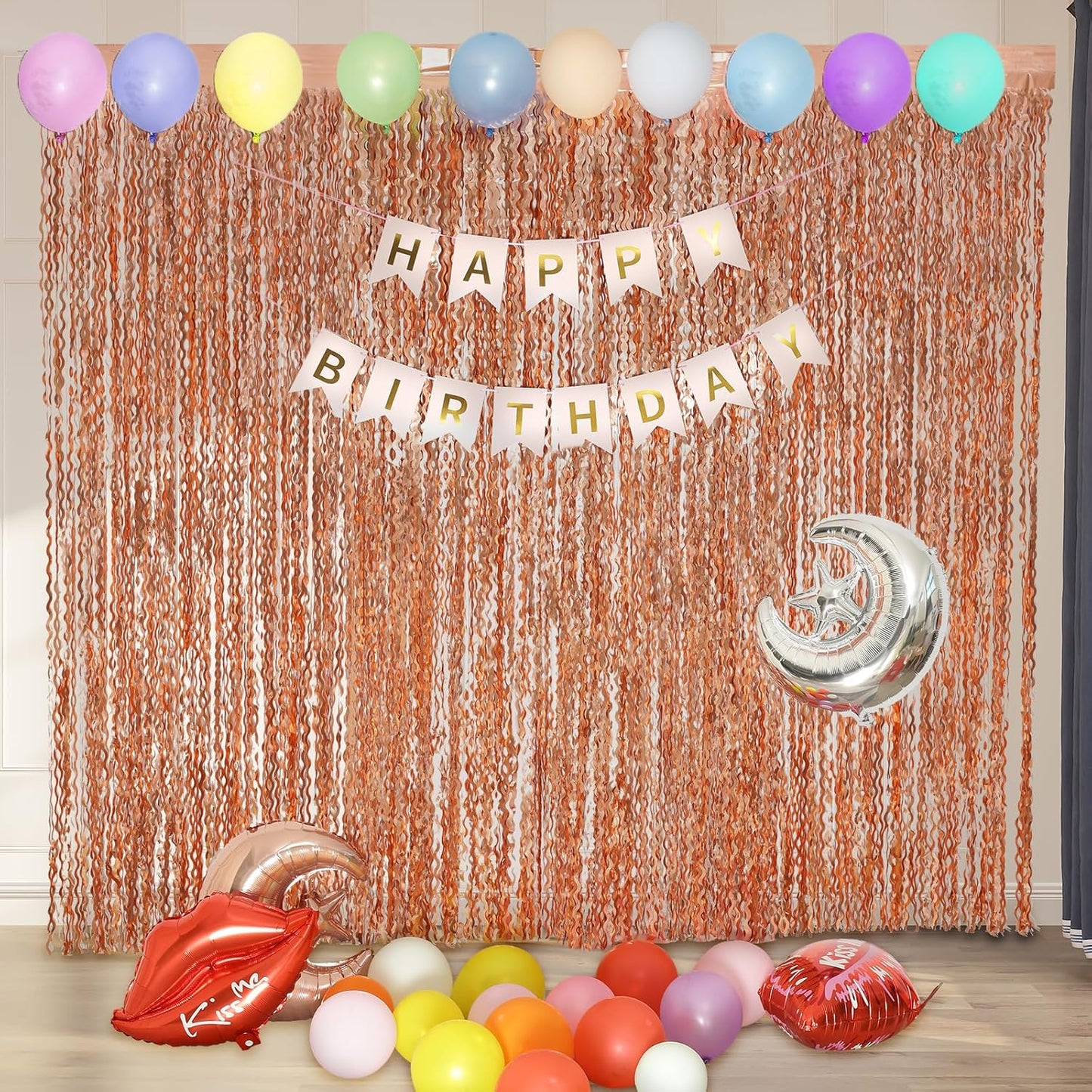 4 Pack Wavy Champagne Gold Metallic Tinsel Foil Fringe Curtains Backdrop - 3.3X6.6ft Foil Fringe Backdrop for Parties | Door Streamers for Birthday | Photo Booth Backdrops Party Decor