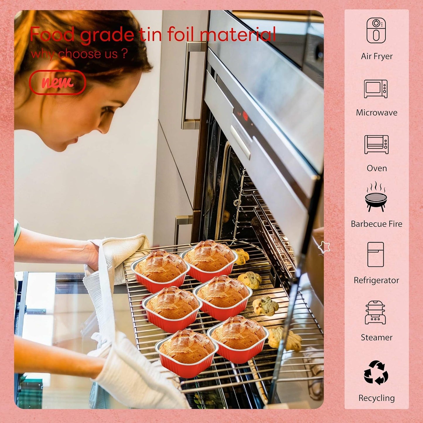 NPLUX 50 Pcs Mini Cake Pans with Lids and Spoons Aluminum Foil Mini Square Baking Cups with Lids Disposable Ramekins Cake Pans Dessert Cups for Wedding Mothers Day Gifts Party Favors(Pink,5oz)