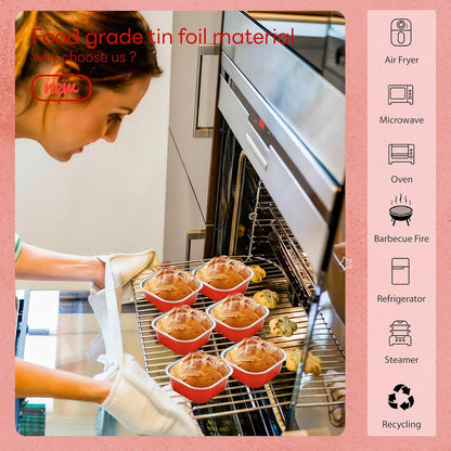 NPLUX 50 Pcs Mini Cake Pans with Lids and Spoons Aluminum Foil Mini Square Baking Cups with Lids Disposable Ramekins Cake Pans Dessert Cups for Wedding Mothers Day Gifts Party Favors(Pink,5oz)