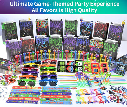 PLOUGVI 320PCS Video Game Party Favors for Kids-Including Goodie Bags, Glasses, Straws, Bubble Wands, Stickers, Cake Toppers, Tattoos & More-Perfect for Theme Party Decorations & Piñata Fillers