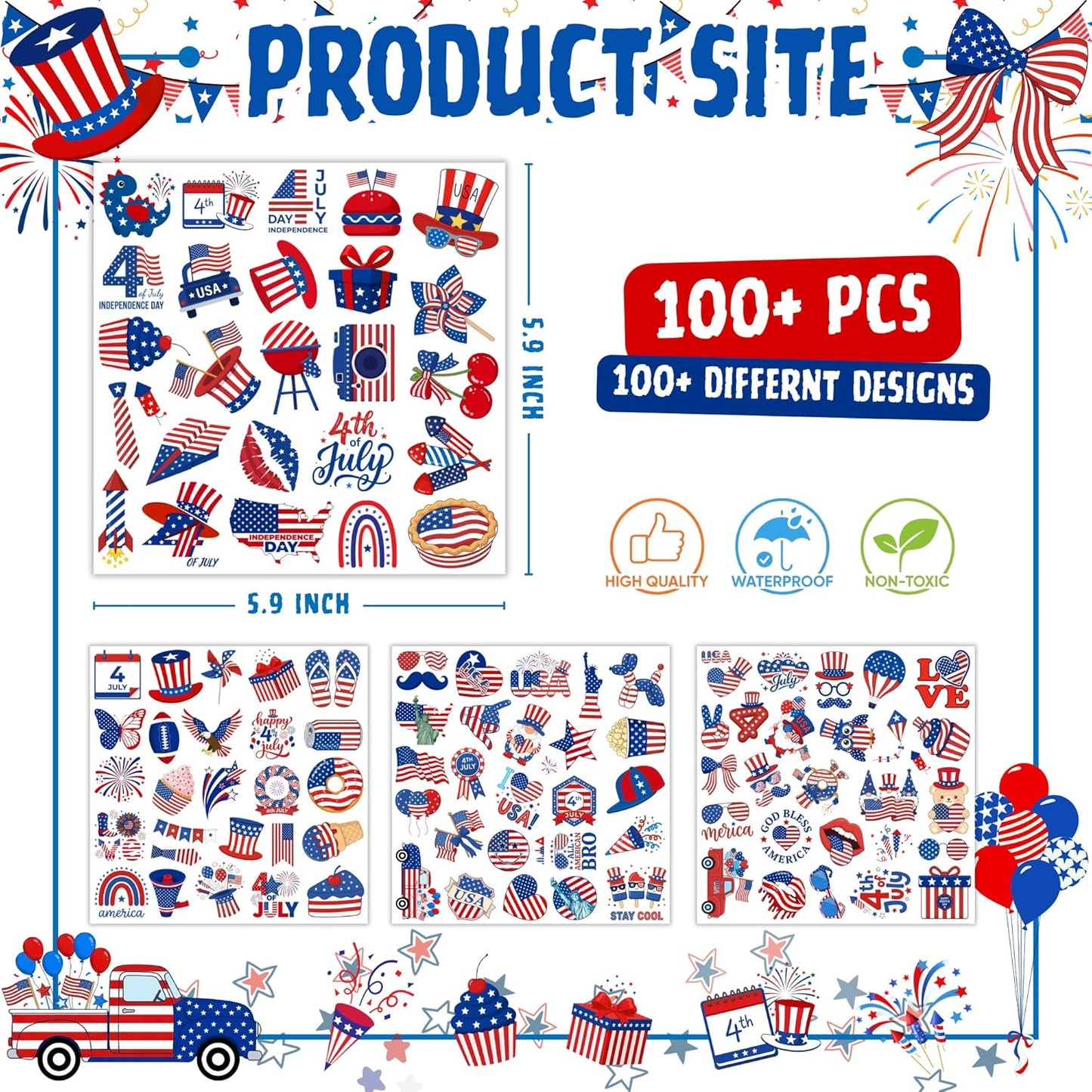 4th of July Temporary Tattoos - 105 PCS USA stickers Fourth of July Party Favors Supplies Decorations Patriotic Accessories Memorial Labor Independence Day Red White Blue American Flag
