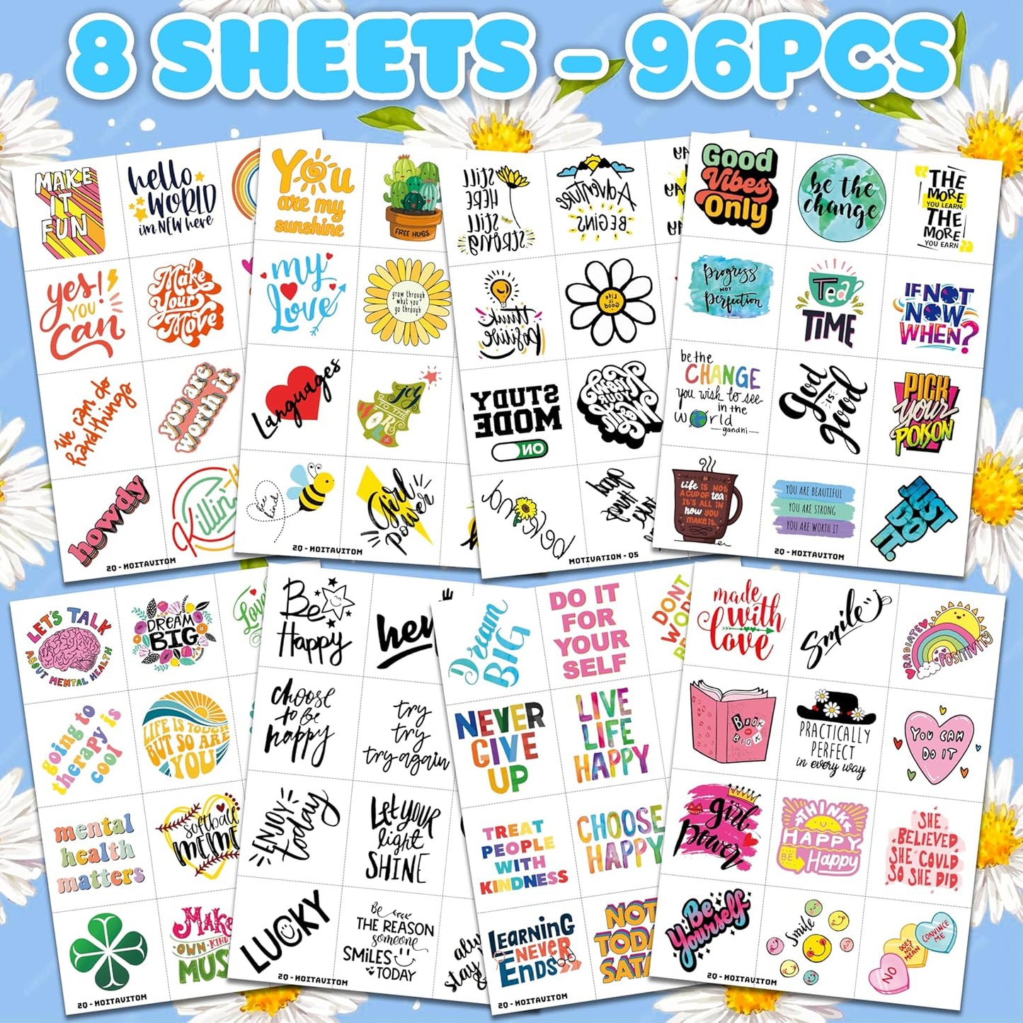 96 PCS Motivational Temporary Tattoos for Kids - Pre-Cut Positive Affirmation Quotes, Inspirational Fake Tattoos for Boys Girls, Birthday Party Favors & School Rewards