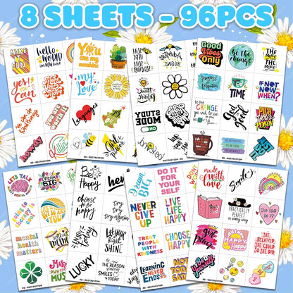96 PCS Motivational Temporary Tattoos for Kids - Pre-Cut Positive Affirmation Quotes, Inspirational Fake Tattoos for Boys Girls, Birthday Party Favors & School Rewards