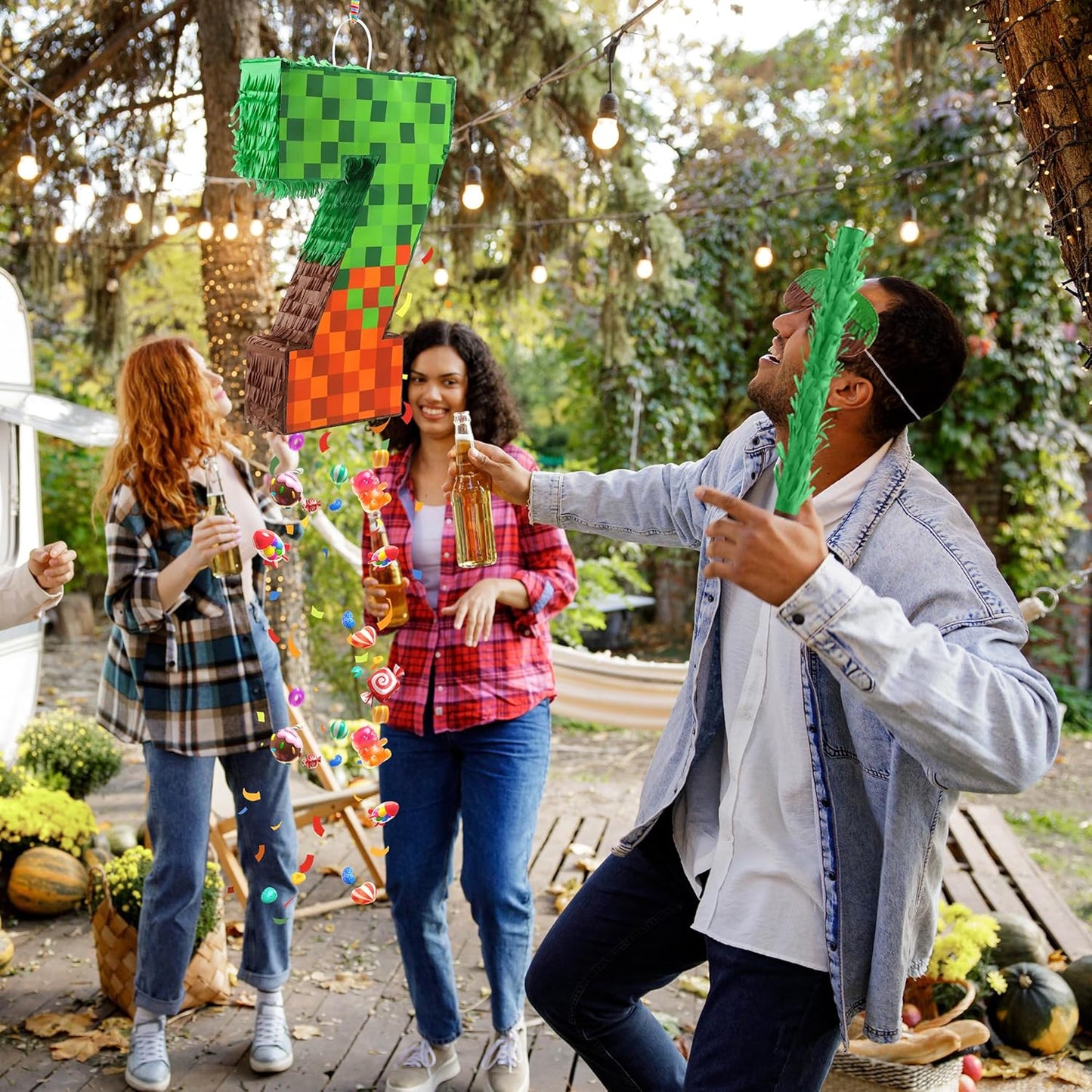 Pixel Number 7 Birthday Pinata with Blindfold Stick 16.4 Inch Block Style Pinata Fillable for Candy and Treats Hanging Mexican Birthday Party Decorations Video Game Party Supplies