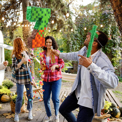 Pixel Number 7 Birthday Pinata with Blindfold Stick 16.4 Inch Block Style Pinata Fillable for Candy and Treats Hanging Mexican Birthday Party Decorations Video Game Party Supplies