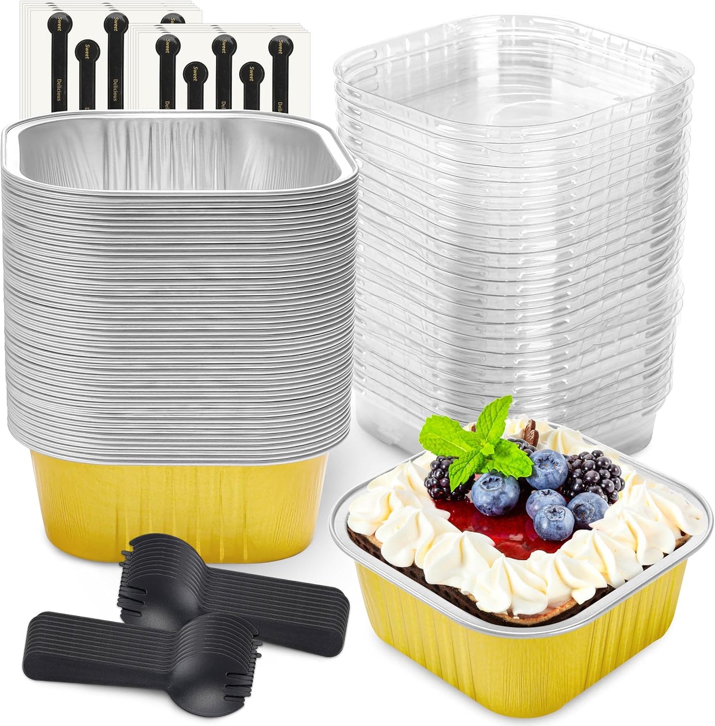 NPLUX 50 Pcs Mini Cake Pans with Lids and Spoons Aluminum Foil Mini Square Baking Cups with Lids Disposable Ramekins Cake Pans Dessert Cups for Wedding Mothers Day Gifts Party Favors(Pink,5oz)