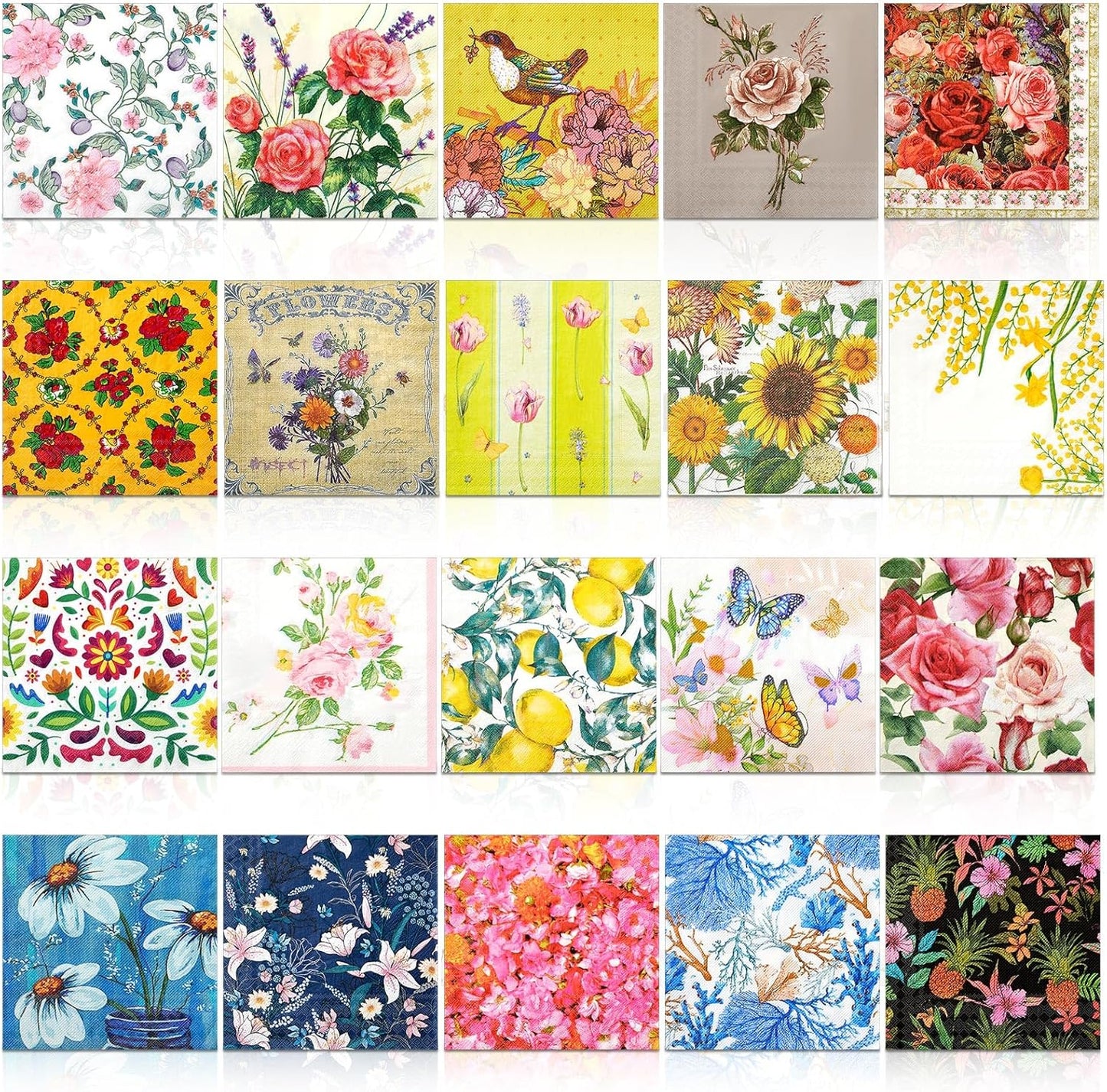 Crtiin 20 Pack Decoupage Napkins Floral Napkins Flower Cocktail Paper Decorative Toilet for Valentine's Day Birthday Party Beautiful Gorgeous, 20 Styles Each 6.5 Inches(Style 1)