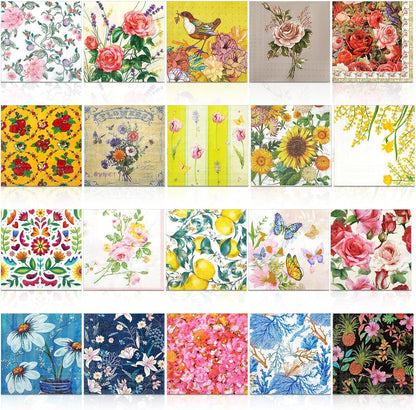 Crtiin 20 Pack Decoupage Napkins Floral Napkins Flower Cocktail Paper Decorative Toilet for Valentine's Day Birthday Party Beautiful Gorgeous, 20 Styles Each 6.5 Inches(Style 1)