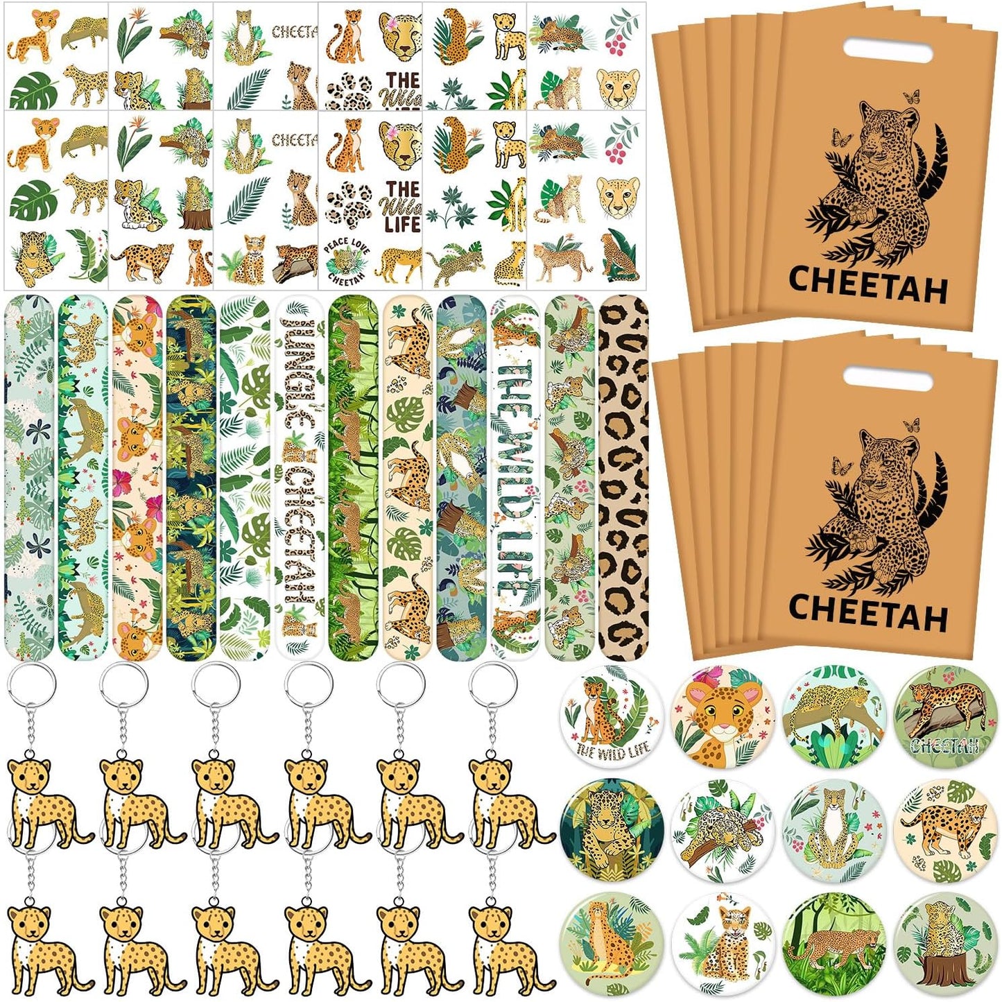 Cheetah Party Favors Cheetah Theme Slap Bracelets Key Chains Badge Temporary Tattoos Gift Bags for Kids Jungle Leopard Cheetah Birthday Party Baby Shower Safari Party Supplies