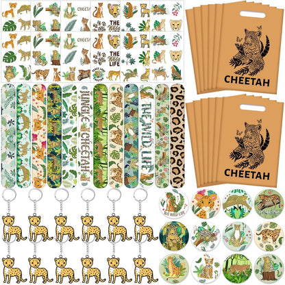 Cheetah Party Favors Cheetah Theme Slap Bracelets Key Chains Badge Temporary Tattoos Gift Bags for Kids Jungle Leopard Cheetah Birthday Party Baby Shower Safari Party Supplies
