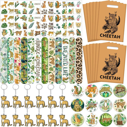 Cheetah Party Favors Cheetah Theme Slap Bracelets Key Chains Badge Temporary Tattoos Gift Bags for Kids Jungle Leopard Cheetah Birthday Party Baby Shower Safari Party Supplies