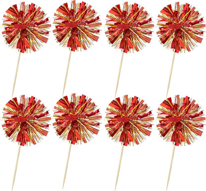 Ephlyn 30Pcs Foil Firework Cupcake Toppers Sparkle Tinsel Cupcake Picks Drink Stirrers Cocktail Food Fruit Toothpicks for Baby Shower Graduation Party Supplies White