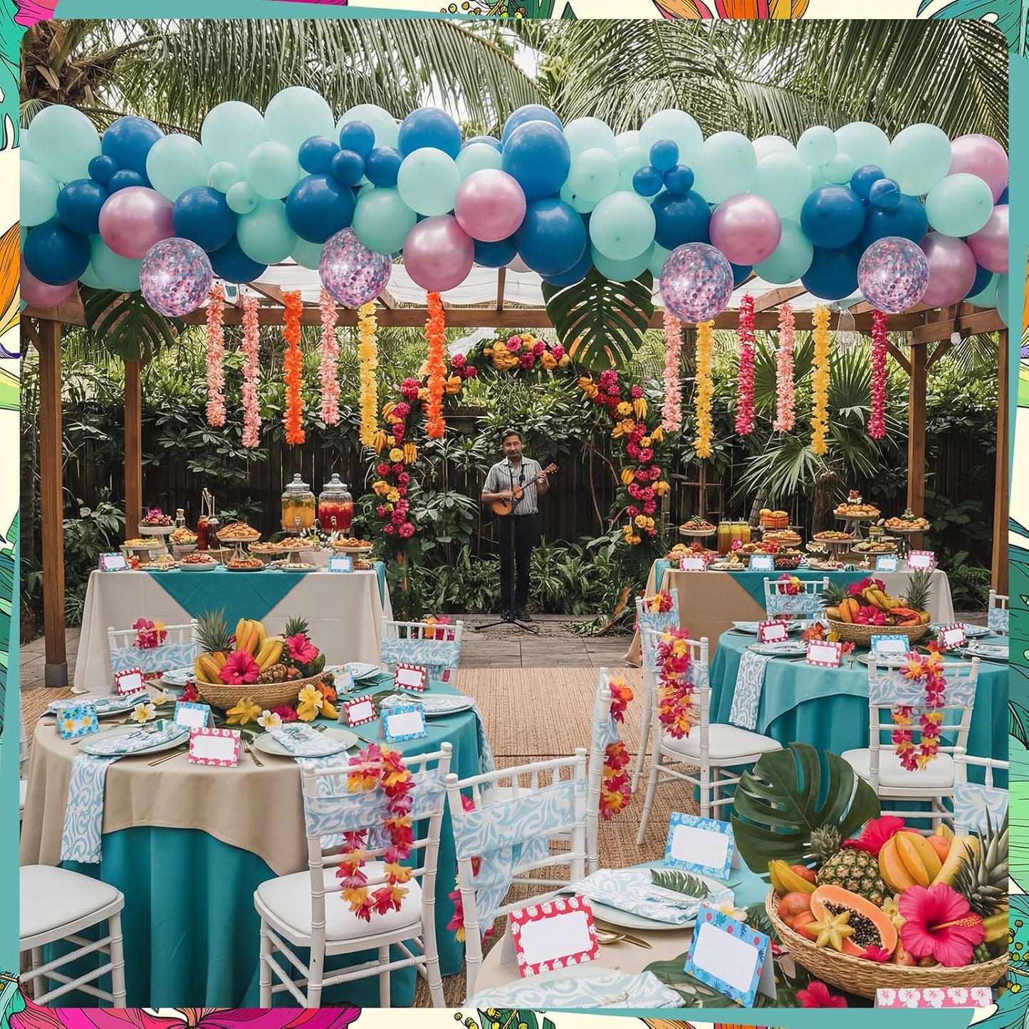 Jetec 48 Pcs Hawaiian Cartoon Place Cards Hawaii Hibiscus and Tropical Leaves Print Table Name Cards Tent Placards Buffet Food Label for Table Setting Hawaiian Themed Party Supplies