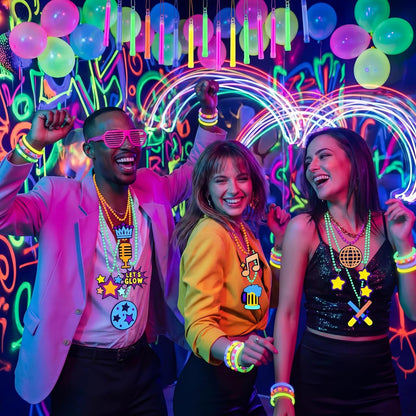 24 Pcs Glow in The Dark Beads Necklaces with Pendants, Neon Glow in The Dark Party Supplies, 33" Colorful UV Black Light Beads Necklace Glowing Photo Props for Neon Night Birthday Party Accessories