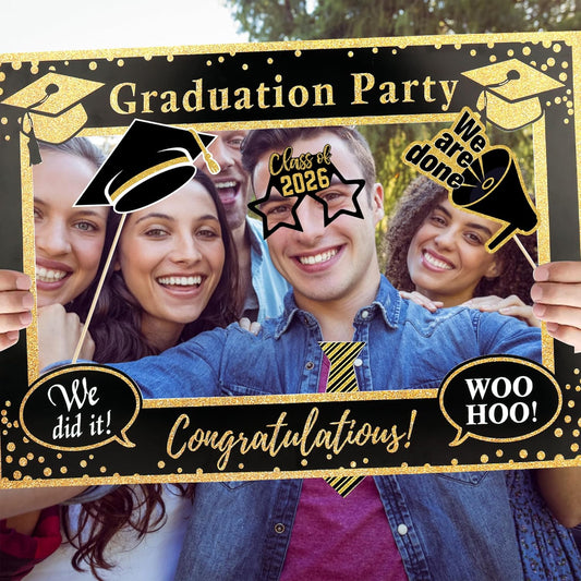 Lucleag 2026 Graduation Photo Booth Props Kit, 21Pcs Grad Photo Props & Selfie Frame for Photos Decor, Class of 2026 Photo Booth Props for Graduation Party Supplies