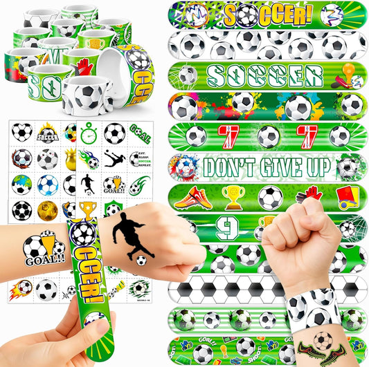 Cherisnowy 72 PCS Soccer Party Favors - 48 Temporary Pre-Cut Tattoos & 24 Slap Bracelets - Fun Party Favors for Boys & Girls, Birthday Goodie Bag Fillers, Baby Shower Gifts, Classroom Rewards