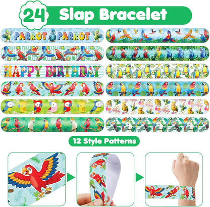 Cherisnowy 48PCS Parrot Party Set - 24PCS Temporary Tattoos & 24PCS Slap Bracelets - Tropical Birthday Supplies, Baby Shower Gifts, Classroom Rewards & Party Decor for Kids (Boys & Girls)