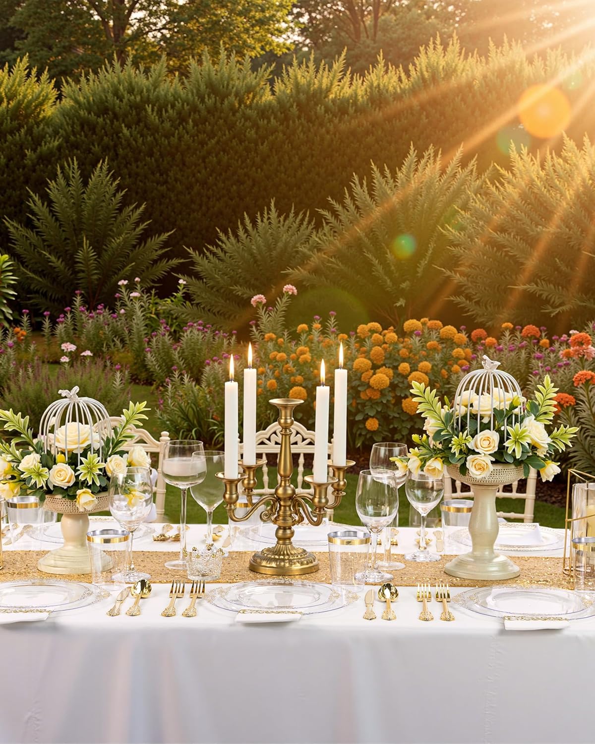 Nervure 350PCS Gold Plastic Plates - Gold Plastic Dinnerware Sets for 50 Guests - 100 Disposable Plates, 150 Silverware, 50 Cups, 50 Napkins for Wedding & Party & Mothers Day