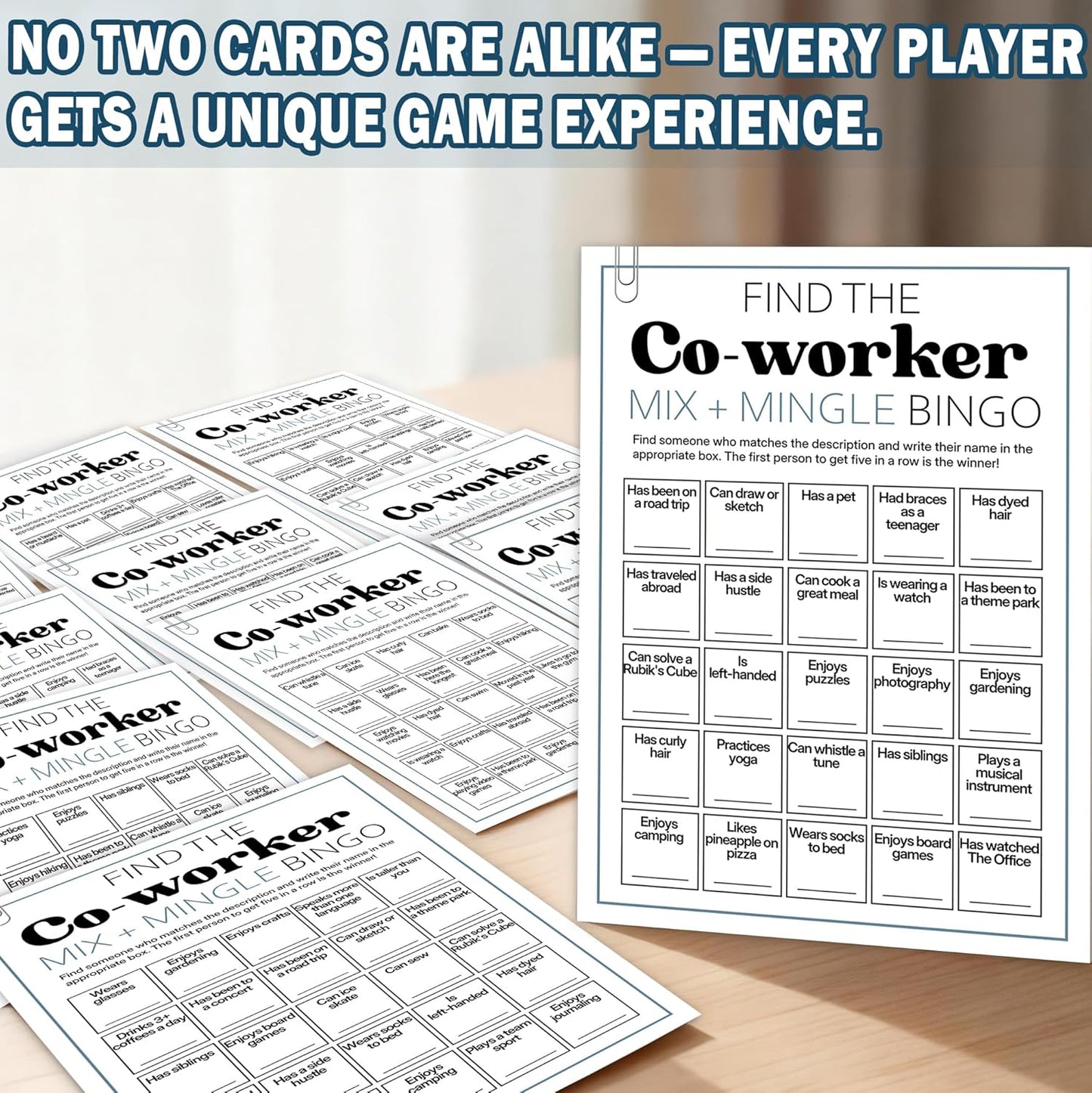 Team Building Games for Work Adults – Find Someone Who Bingo Game, 25 Unique Human Bingo Cards 5x7 Inch, Ice Breaker & Office Games for Parties, Meetings & Events - A05