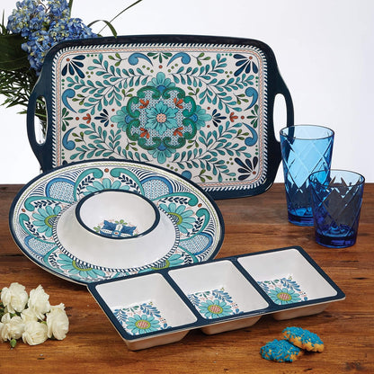 Talavera 3-Piece Melamine Hostess Serveware Set – Chip & Dip Server, 3-Section Relish Tray, and 19" Rectangular Platter – Colorful Southwest Serving Set for Entertaining & Outdoor Dining